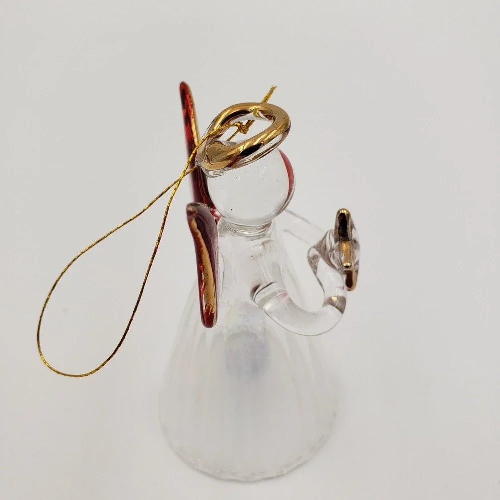 Vintage Glass Angel Ornament Clear Iridescent Body Red & Gold Wings‎ 2.5